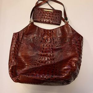 Brahmin embossed brown leather bag and matching wallet.